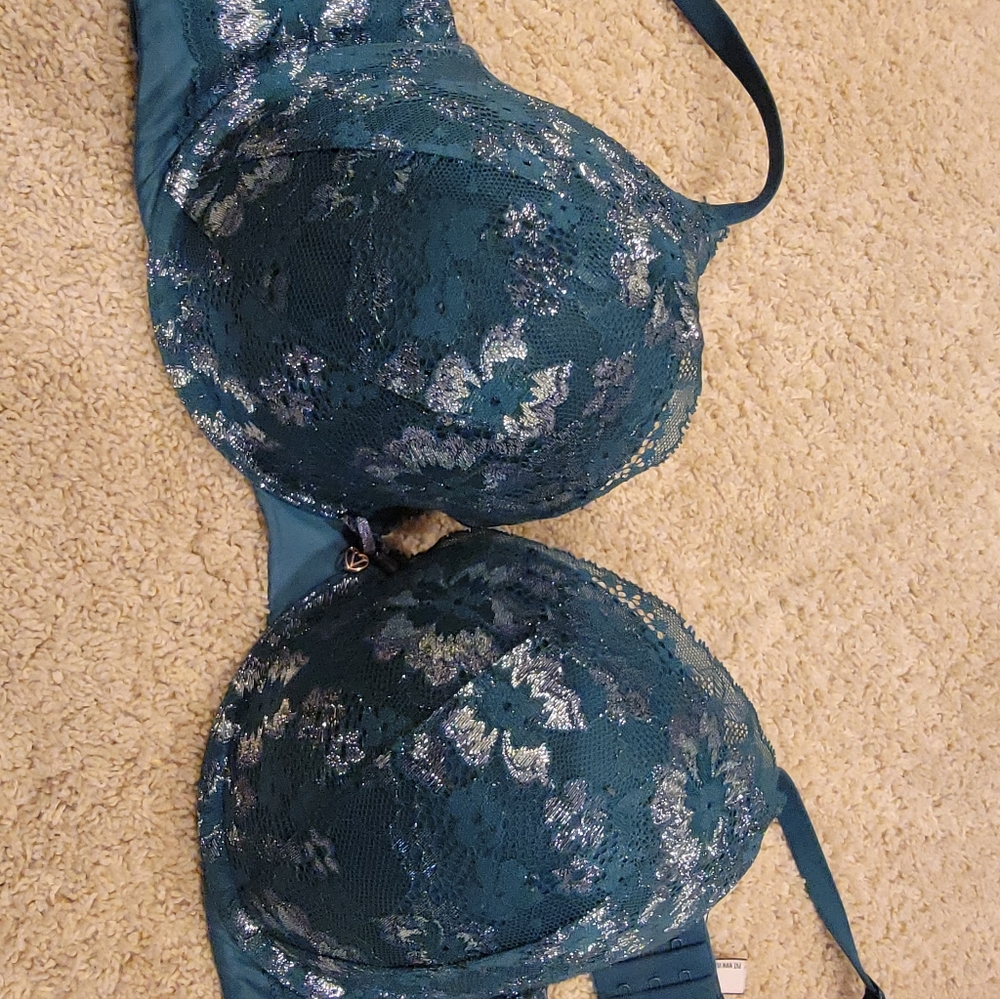 Victoria's Secret Elegant Underwire Padded Lace Teal & Silver Bra - Picture 8 of 8